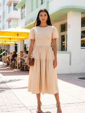 MELLODAY NWT Beige Tiered Midi Dress with Puff Sleeves, size L